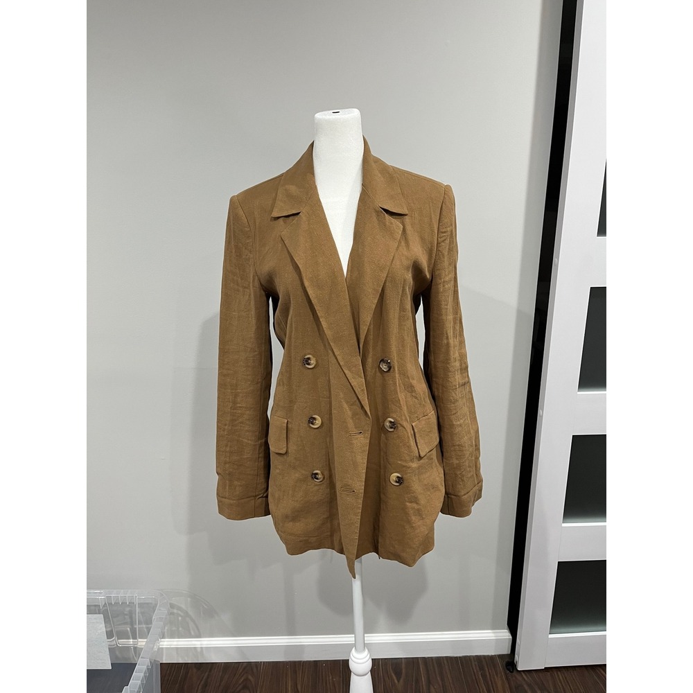 Free People Olivia Oversized Linen Blend Double Breasted Blazer XS Sand Brown